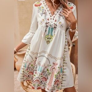 Boho White Babydoll Dress Floral V Neck Crochet Trim Cottagecore Small